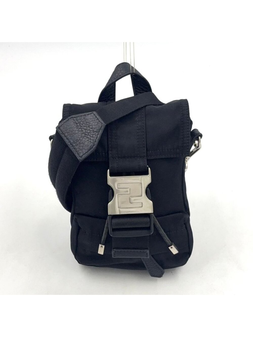 Fendi Ness Mini Leather Nylon Black Shoulder Bag Silver